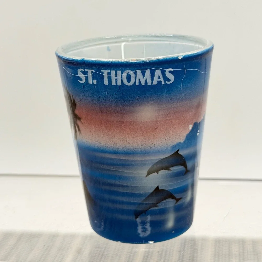 St. Thomas USVI Souvenir Shot Glass Dolphin Sunset Tropical‎ Frosted Barware